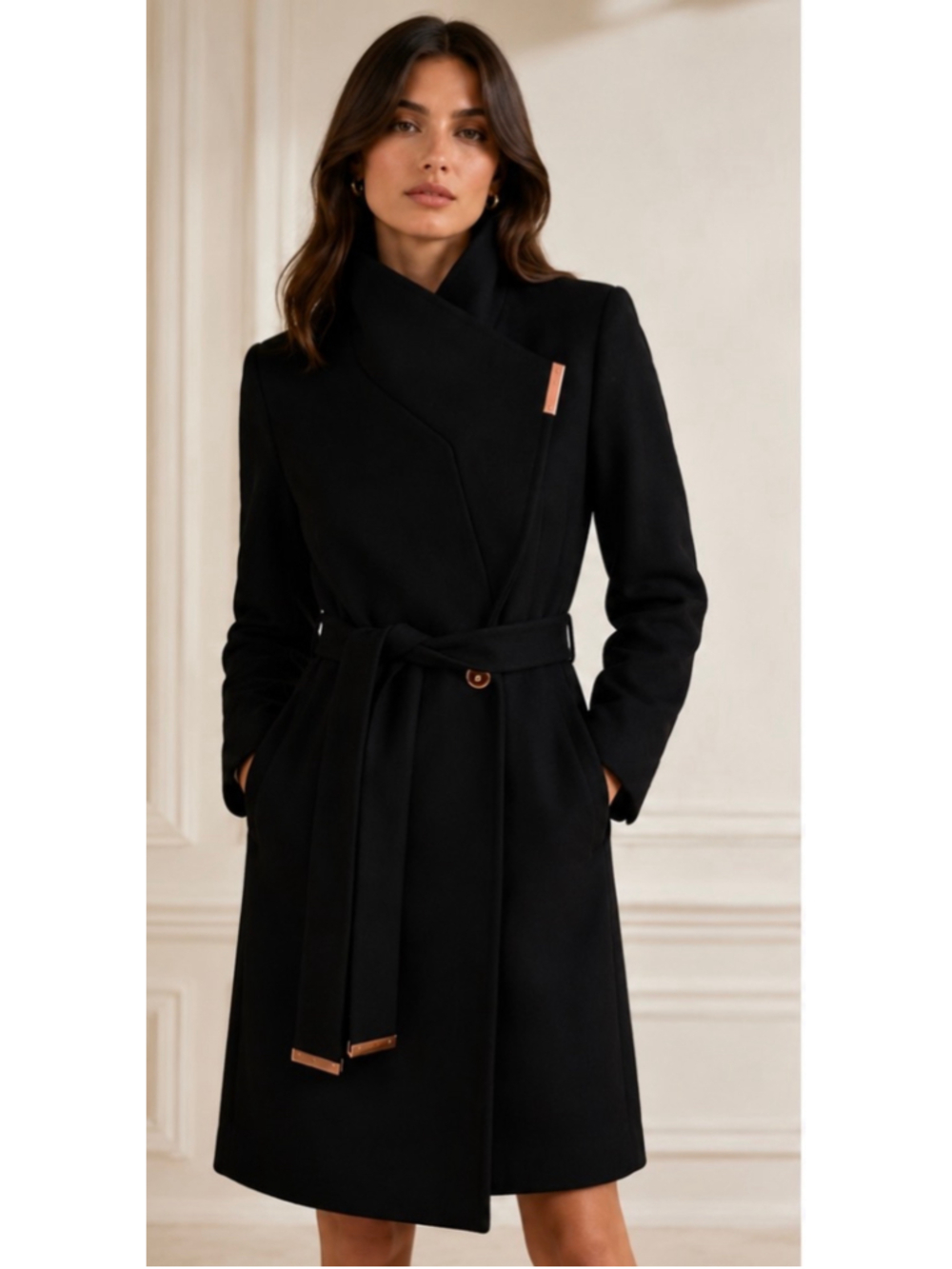 Ted Baker Black Floral Lined Wool Coat Size 3/M Rose Gold New!